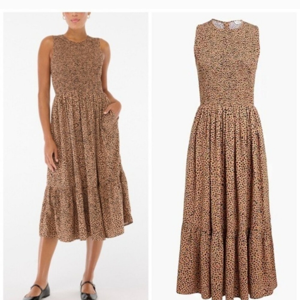J.Crew Smocked midi dress Leopard Print Sleeveless Midi Dress Size Small S